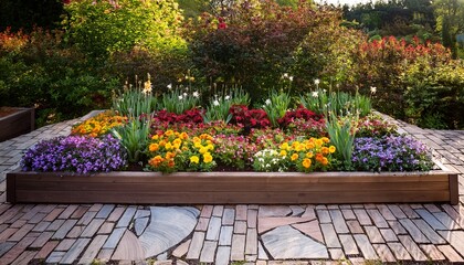 Obraz premium a raised garden bed filled with colorful flowers and a stone walkway surrounding it