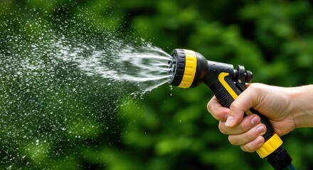 A black and yellow water nozzle sprays water A hand firmly holds the nozzle with water in the air Green foliage is blurred