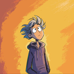 A young animated character with tousled silver hair gazes upward with a curious expression against a striking orange backdrop.