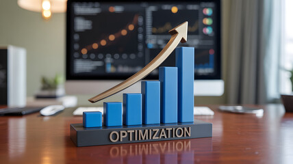 Optimization and Progress: A business concept with a rising bar graph in front of a computer screen showing growth with the word optimization.