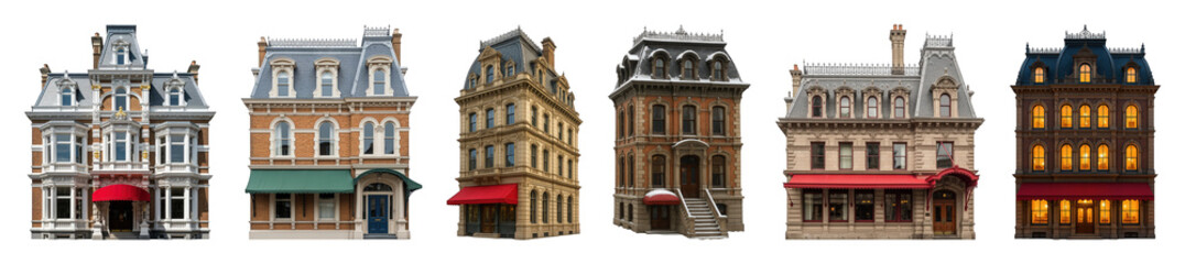 Obraz premium Historical building facade set including ornate Victorian and Second Empire architecture isolated. Cityscape and design elements.