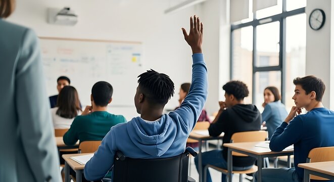 Student in wheelchair raising hand in class