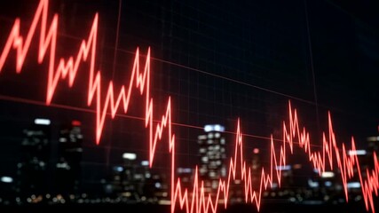 Nighttime cityscape with glowing red graph lines indicating fluctuating data trends