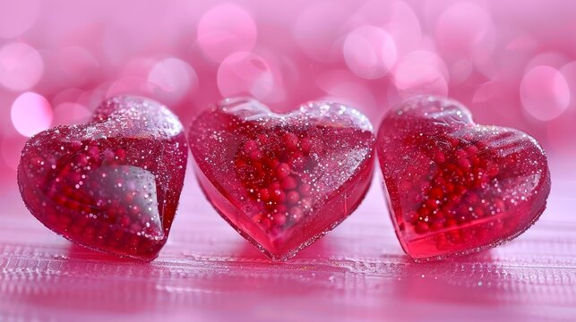 Sparkling heart shaped candies against a soft pink background with bokeh lights for valentine s day - Powered by Adobe