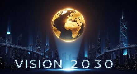 Futuristic Vision 2030 Cityscape with Illuminated Earth Globe