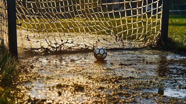 A close-up shot of a soccer ball resting in a puddle behind a goalpost, highlighting the impact of rain on the game. The sunlight creates a golden reflection on the water.