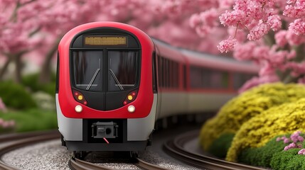 A vibrant red train approaches along a winding track, framed by blooming cherry blossom trees and lush greenery, perfect for travel-themed projects, nature promotions, or seasonal marketing campaigns