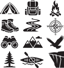 Set of black silhouette icons representing outdoor adventure and camping tent backpack