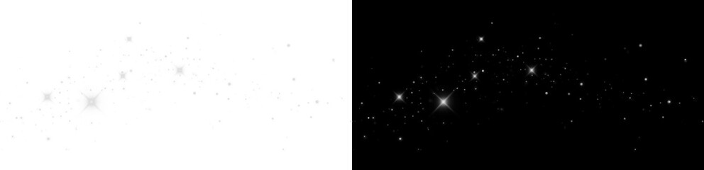 White magic dust with sparkling glow on a transparent background.  Overlay illustration with glitter particles, shining accents, and festive sparkle effect. © Ihor Nemynushchyi