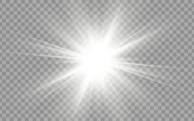Realistic sunlight isolated on a transparent background. Bright lens flare, overlays, light transitions, sunbeams, shining leaks. Bright transparent light effect with isolated white rays.