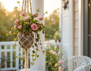 Soft pink roses bloom in a macrame planter on a sunlit porch, creating a charming and serene atmosphere.