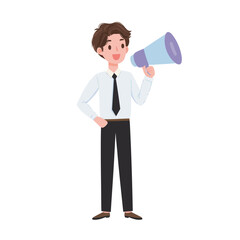 Fototapeta premium A young man stands confidently, holding a megaphone while dressed in formal attire. He appears excited about spreading a message or promoting an event, showcasing engagement.