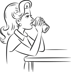 Retro style woman drinking beverage at table, vintage illustration, side profile of elegant lady enjoying drink, classic 1950s design black and white line art