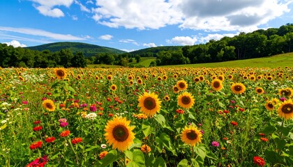 Fototapeta premium Colorful flower field with sunflowers under a blue sky