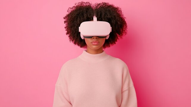 A young woman is wearing a pink virtual reality headset against a vibrant pink background, embodying modern technology trends, This image can be used for tech marketing, social media - Powered by Adobe