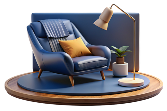 A stylish and minimalist living room with a rich dark blue wall, a comfortable tan leather armchair, and ample copy space- 3D rendering