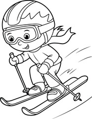 Smiling child skiing fast downhill wearing helmet and scarf, fun winter sports activity line drawing, perfect for coloring book and kids illustration