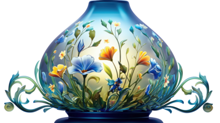 Whimsical floral lamp with glowing patterns and leafy decorations in blue vase resting on grass isolated on white background