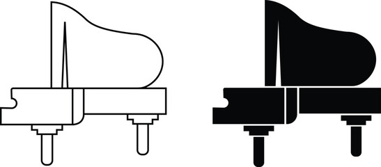 Black silhouette of upright piano icon set, isolated on transparent background. Graphic illustration. concept of musical instrument, classical music, piano recital, icon, logo, design element. © WaQar