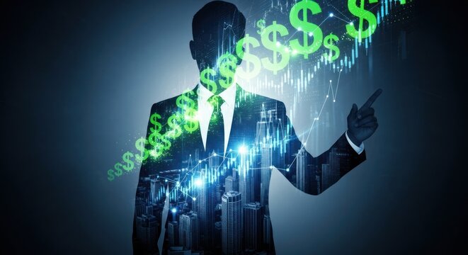 Financial Growth Concept: Businessman with Cityscape, Dollar Signs, and Stock Chart Overlay - Powered by Adobe