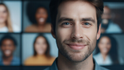 Obraz premium Portrait of smiling man against blurred video conference screen, symbolizing remote work, communication, connection and modern digital collaboration with corporate copy space.