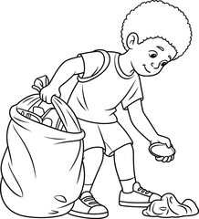 Young boy cleaning environment with garbage bag, community volunteer helping nature, recycling waste, eco-friendly child illustration for education and awareness projects