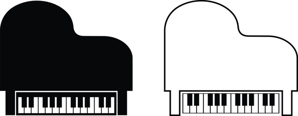 Black silhouette of upright piano icon set, isolated on transparent background. Graphic illustration. concept of musical instrument, classical music, piano recital, icon, logo, design element. © WaQar