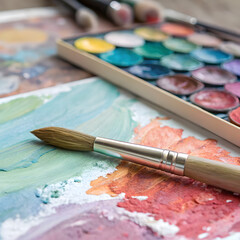 Obraz premium Top view of soft round brush mixing pastel colors on palette with artistic studio background