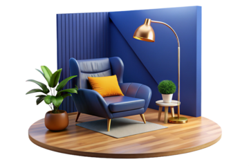 A stylish and minimalist living room with a rich dark blue wall, a comfortable tan leather armchair, and ample copy space- 3D rendering