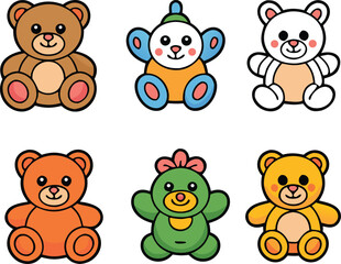 Colorful Teddy Bears and Plush Toy Icons for Cards, Stickers, and Invitations