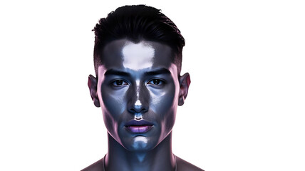 A male model stands confidently, his face adorned with metallic body paint reflecting light in shades of silver and blue. The backdrop is neutral, highlighting his strong jawline.