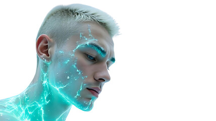 A male model with a striking look has glowing abstract patterns on his skin, illuminated against a plain background. His focused expression adds to the artistic visual impact.