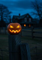 Jack-o'-lantern sits atop a wooden post with a house and fence in the background at dusk.