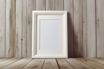 Blank White Frame Mockup on Wood Paneled Wall with Emphasized Texture