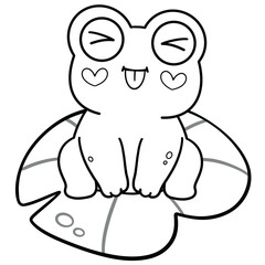 Black line art of smiling frog sitting on lotus leaf