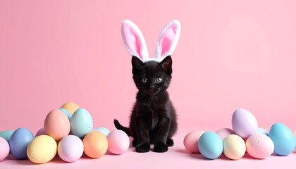 A charming black kitten, adorned with pink bunny ears, sits amongst a collection of pastel-colored eggs against a vibrant pink backdrop, creating a delightful Easter scene.