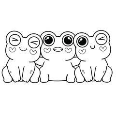 Black line art of three frogs hugging and smiling