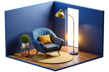A stylish and minimalist living room with a rich dark blue wall, a comfortable tan leather armchair, and ample copy space- 3D rendering