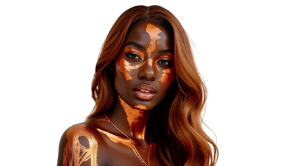 A woman poses with intricate golden body paint creatively applied to her face and shoulders. Her long hair complements the artistic design. This stunning look emphasizes artistic expression.
