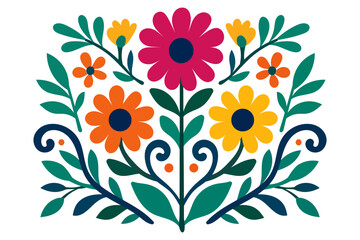 Mexican flower floral folk art boho colorful vector illustration with pattern for decorative botanical. Folk art blooms with bright petals and leaves for posters or cards. Modern vector art.
