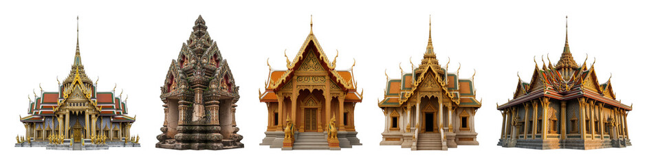Fototapeta premium Thai temple building set including ornate spires, tiered roofs, and intricate facades isolated. Cultural architecture and travel collection.