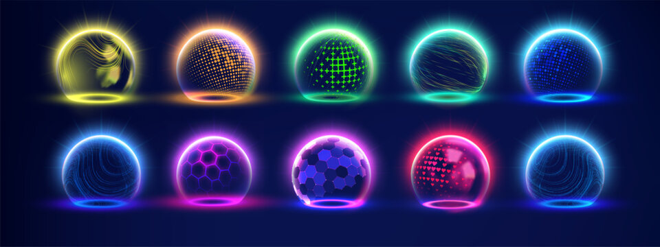 Shield sphere with green and red energy dome for abstract protect bubble or technology background. 3D AI barrier and magic hexagon glass with globe effect and earth data illustration.