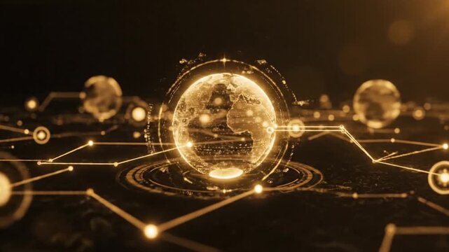 A mesmerizing digital representation of Earth, illuminated by intricate golden lines and interconnected nodes, symbolizes global data networks and advanced technological innovation.