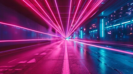 Vibrant neon light trails in motion  abstract glowing lines representing technology and speed