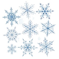 Beautiful collection of blue snowflakes in various shapes displayed against a white background showcasing winter's elegance