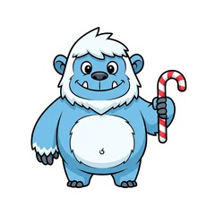 Fototapeta premium Cheerful blue yeti character holding a candy cane in a wintery, cartoon setting