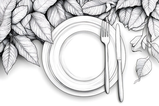 Elegant dining tableware with fork knife and plate in monochrome illustration