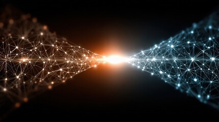 Two abstract quantum computers connected by glowing energy beam with blurred futuristic laboratory background, symbolizing groundbreaking science, advanced technology, innovation, data processing