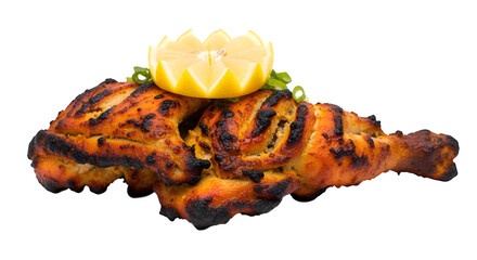Fototapeta premium Savory grilled chicken leg with a bright lemon slice and fresh herbs, a delicious gourmet meal.