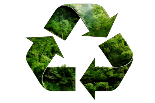Transparent PNG 3D Recycle Symbol with Double Exposure of Green Forest Trees, Background